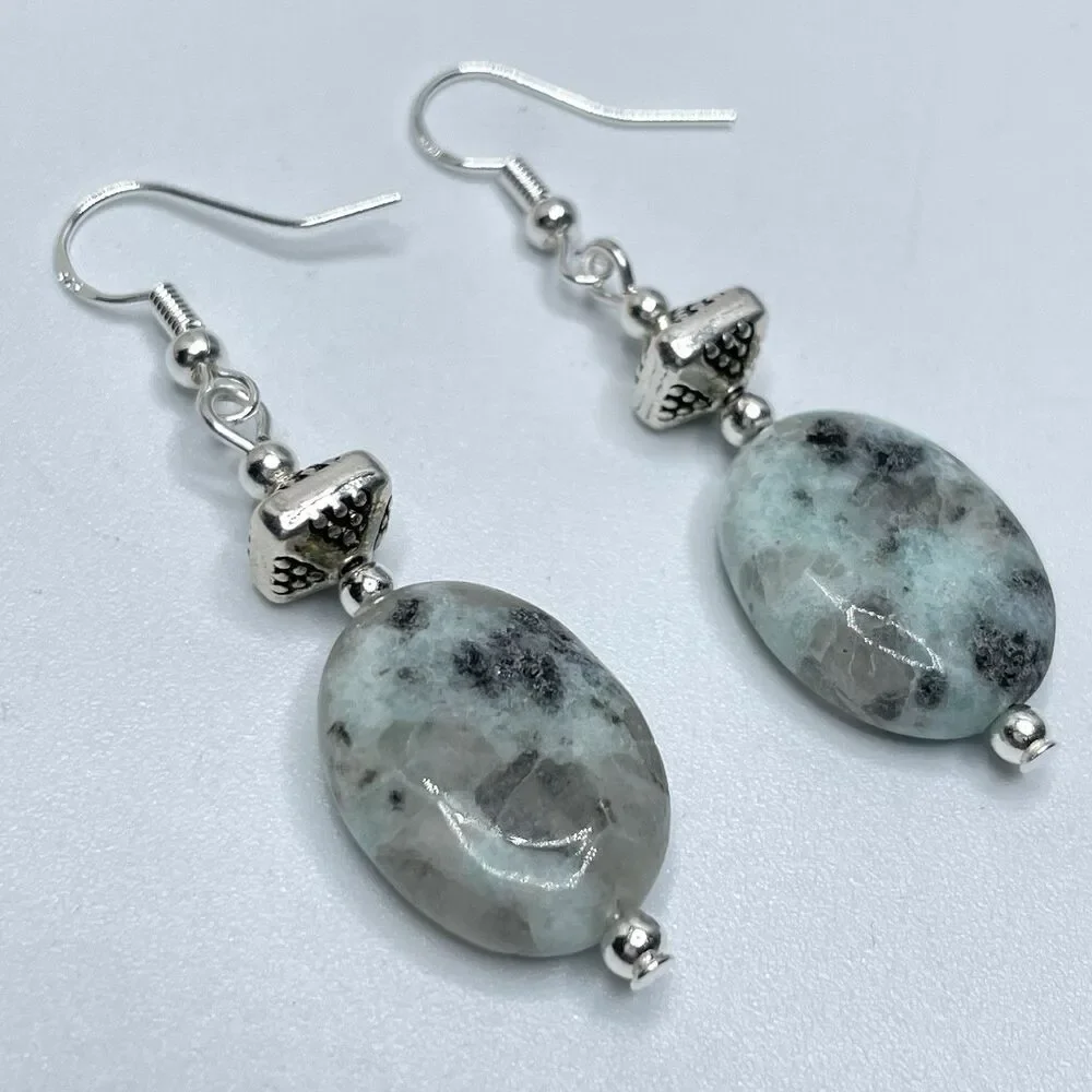 Artisan Silver Kiwi Jasper Stone Oval Beaded Dangle Earrings Boho Cute